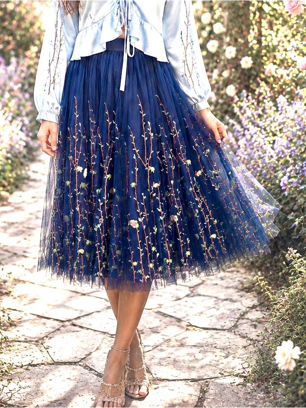 Fairygoth blue embroidered floral whimsygoth net overlay midi skirt - fits 2-6